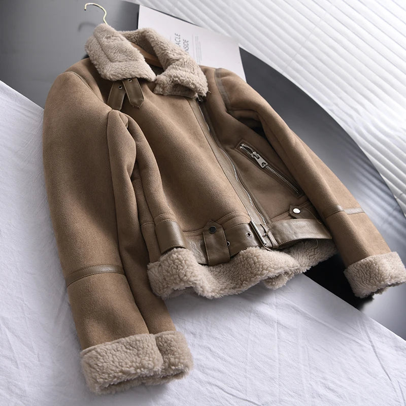 Veste d’hiver courte pour femme, épaisse et chaude, en suédine avec doublure en laine d’agneau
