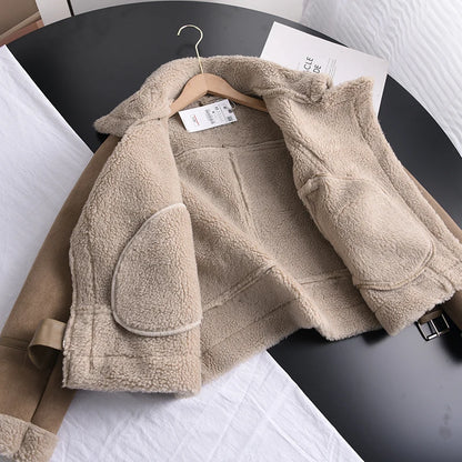 Veste d’hiver courte pour femme, épaisse et chaude, en suédine avec doublure en laine d’agneau