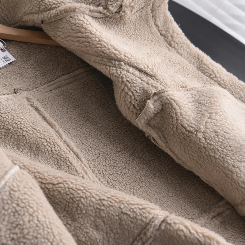 Veste d’hiver courte pour femme, épaisse et chaude, en suédine avec doublure en laine d’agneau