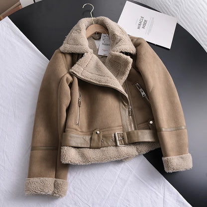 Veste d’hiver courte pour femme, épaisse et chaude, en suédine avec doublure en laine d’agneau