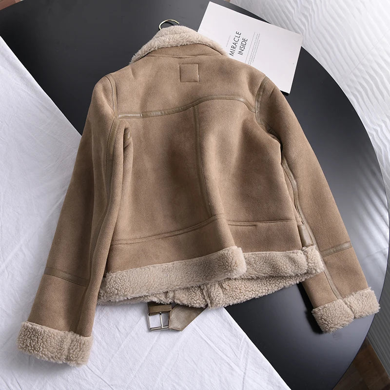 Veste d’hiver courte pour femme, épaisse et chaude, en suédine avec doublure en laine d’agneau