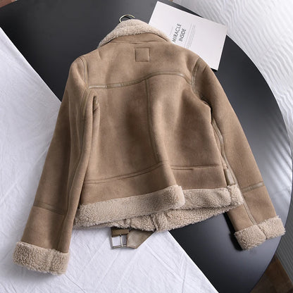 Veste d’hiver courte pour femme, épaisse et chaude, en suédine avec doublure en laine d’agneau