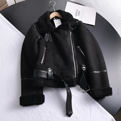 Veste d’hiver courte pour femme, épaisse et chaude, en suédine avec doublure en laine d’agneau