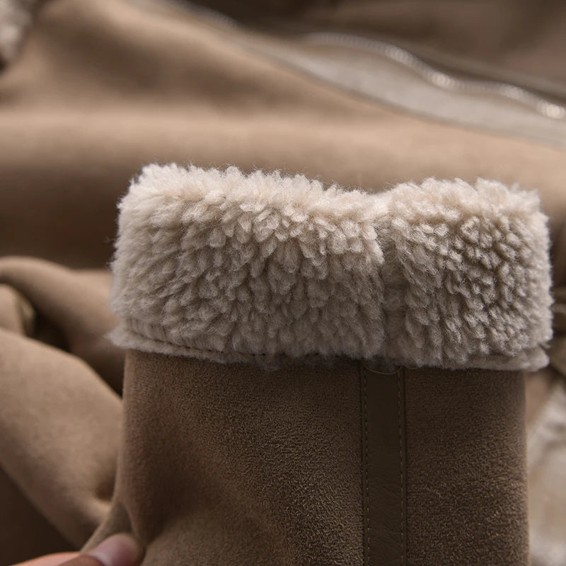 Veste d’hiver courte pour femme, épaisse et chaude, en suédine avec doublure en laine d’agneau