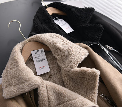 Veste d’hiver courte pour femme, épaisse et chaude, en suédine avec doublure en laine d’agneau
