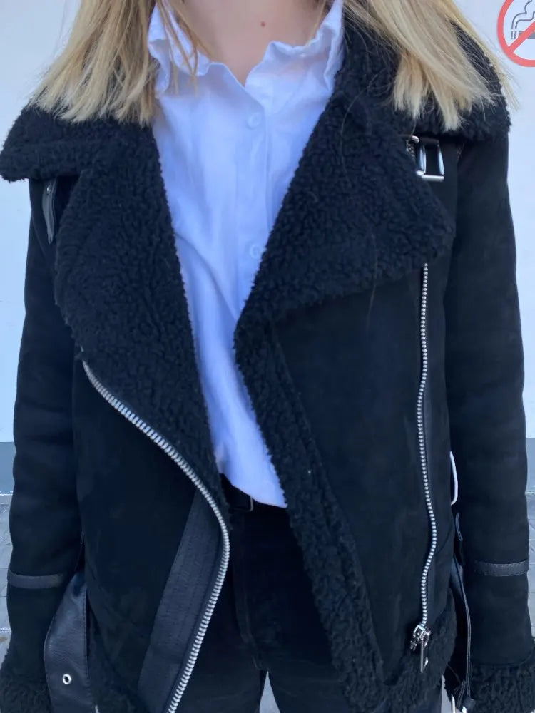 Veste d’hiver courte pour femme, épaisse et chaude, en suédine avec doublure en laine d’agneau