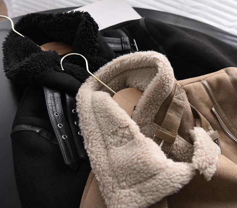 Veste d’hiver courte pour femme, épaisse et chaude, en suédine avec doublure en laine d’agneau