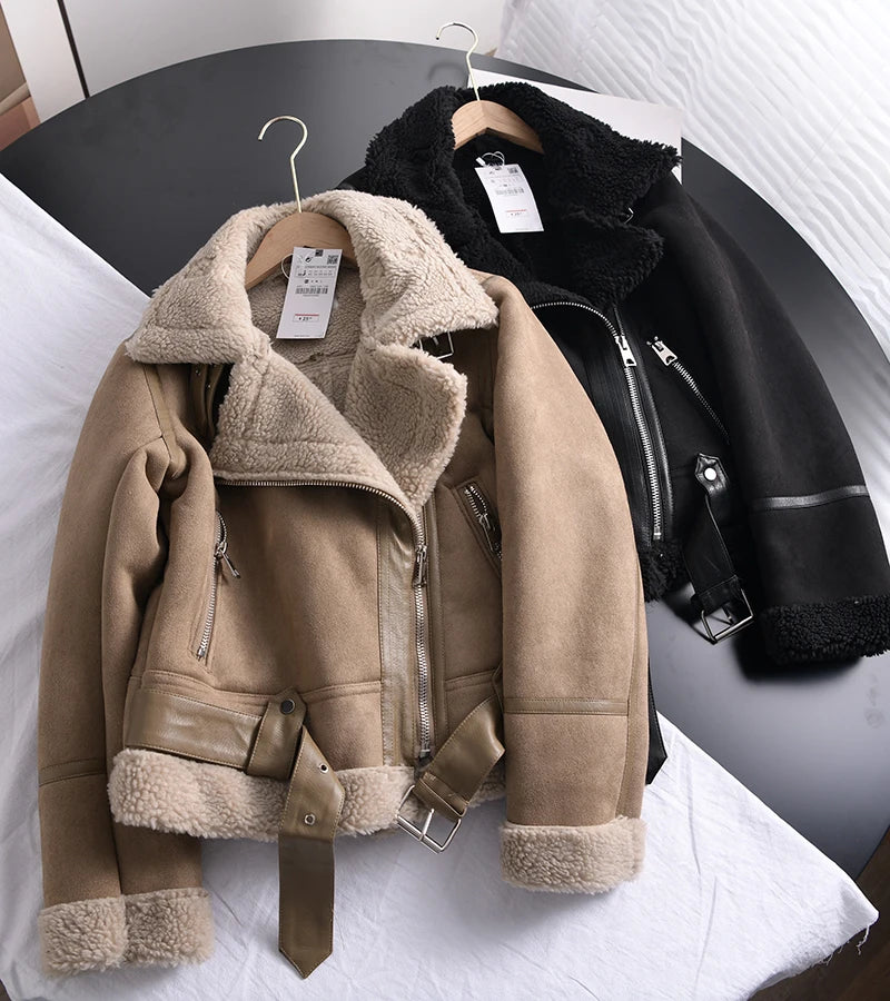Veste d’hiver courte pour femme, épaisse et chaude, en suédine avec doublure en laine d’agneau
