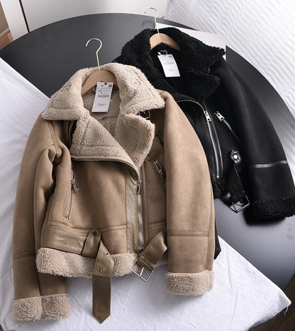 Veste d’hiver courte pour femme, épaisse et chaude, en suédine avec doublure en laine d’agneau