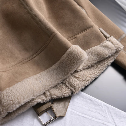 Veste d’hiver courte pour femme, épaisse et chaude, en suédine avec doublure en laine d’agneau