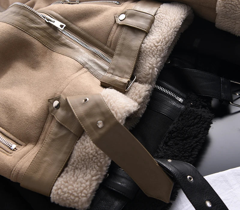 Veste d’hiver courte pour femme, épaisse et chaude, en suédine avec doublure en laine d’agneau