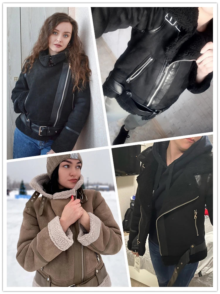 Veste d’hiver courte pour femme, épaisse et chaude, en suédine avec doublure en laine d’agneau