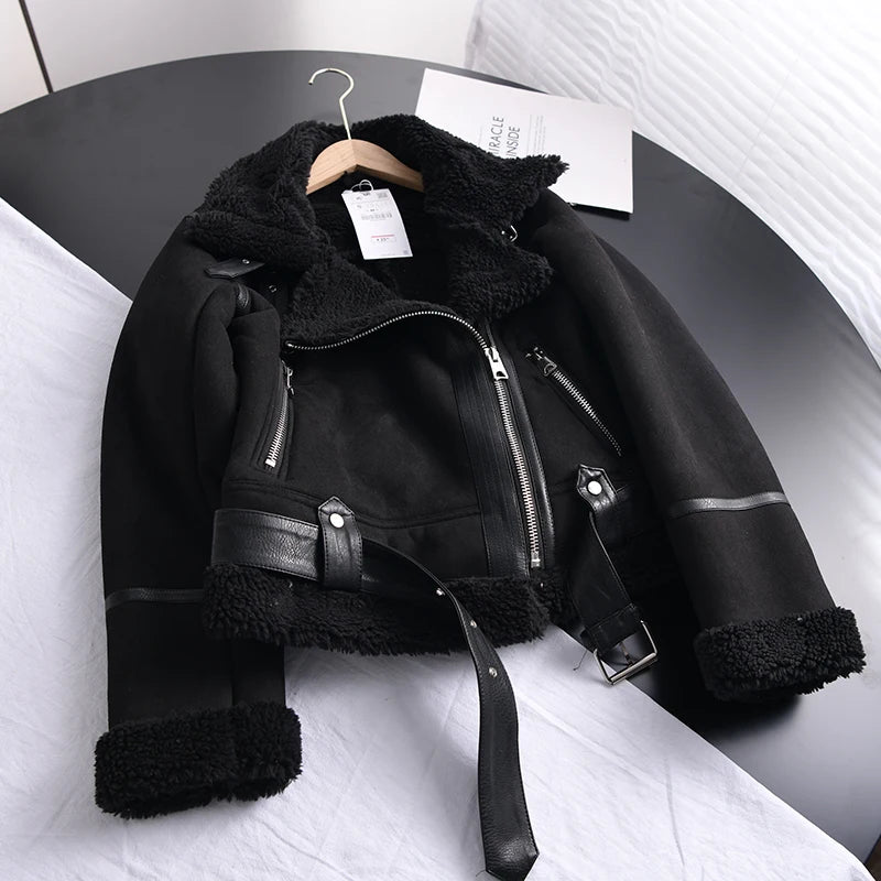 Veste d’hiver courte pour femme, épaisse et chaude, en suédine avec doublure en laine d’agneau
