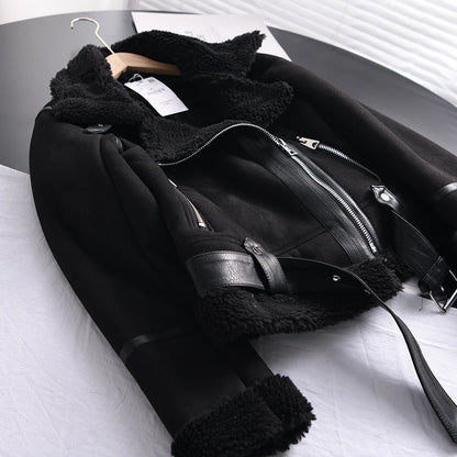 Veste d’hiver courte pour femme, épaisse et chaude, en suédine avec doublure en laine d’agneau