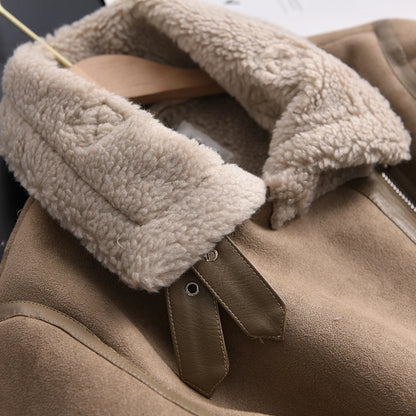 Veste d’hiver courte pour femme, épaisse et chaude, en suédine avec doublure en laine d’agneau