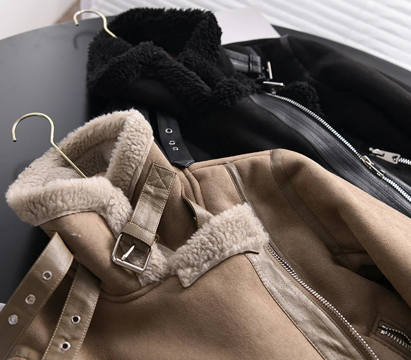 Veste d’hiver courte pour femme, épaisse et chaude, en suédine avec doublure en laine d’agneau