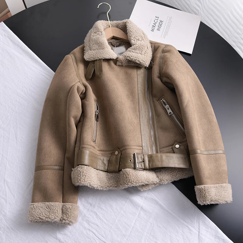 Veste d’hiver courte pour femme, épaisse et chaude, en suédine avec doublure en laine d’agneau