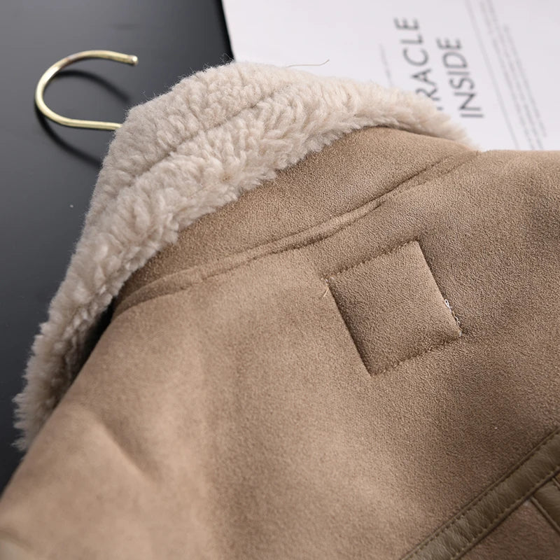 Veste d’hiver courte pour femme, épaisse et chaude, en suédine avec doublure en laine d’agneau