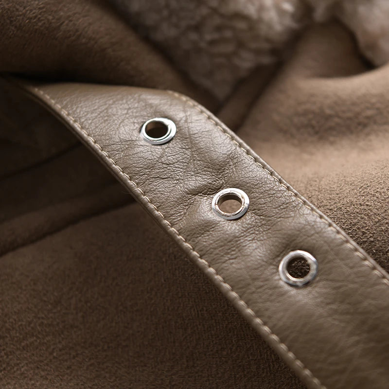 Veste d’hiver courte pour femme, épaisse et chaude, en suédine avec doublure en laine d’agneau