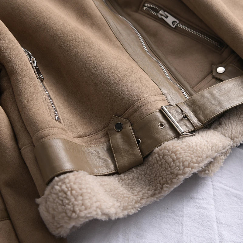 Veste d’hiver courte pour femme, épaisse et chaude, en suédine avec doublure en laine d’agneau