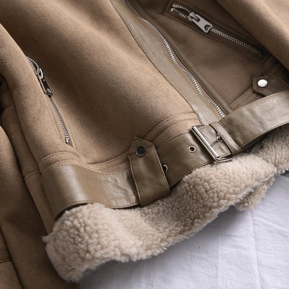 Veste d’hiver courte pour femme, épaisse et chaude, en suédine avec doublure en laine d’agneau