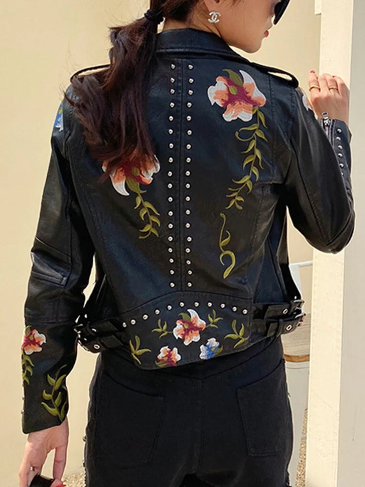 Veste avec broderie florale en similicuir femme