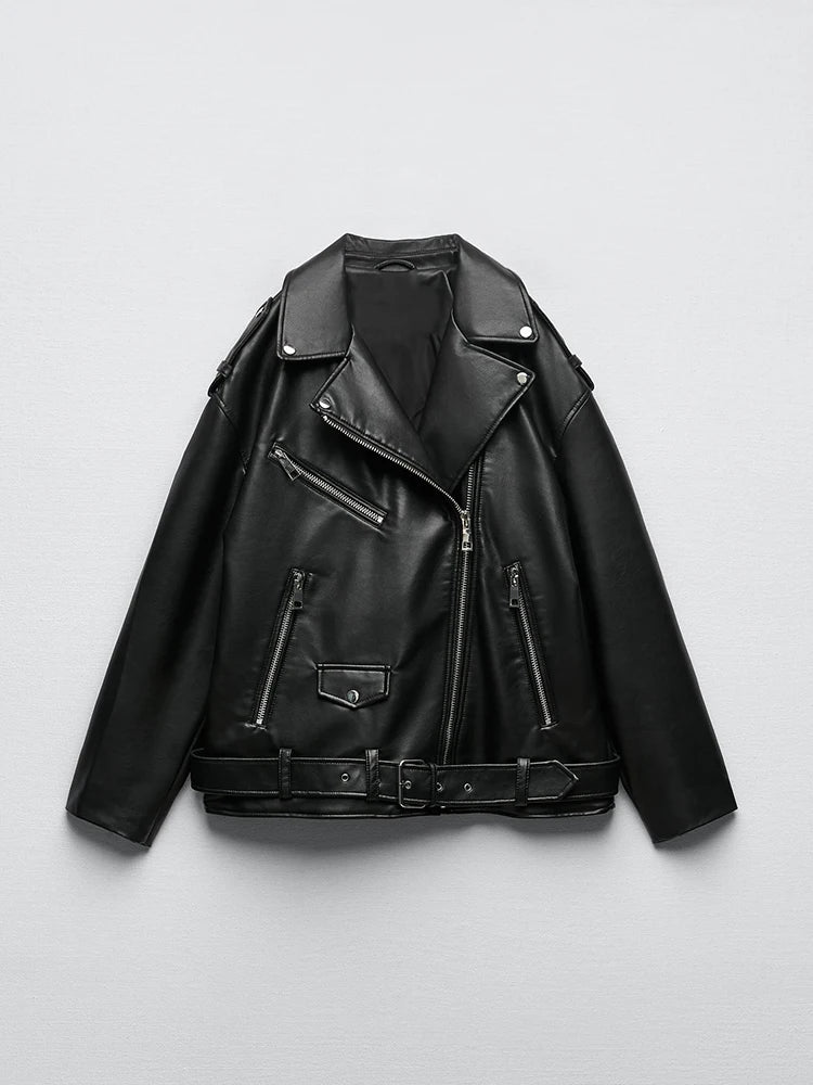 Veste femme noire en similicuir avec ceinture