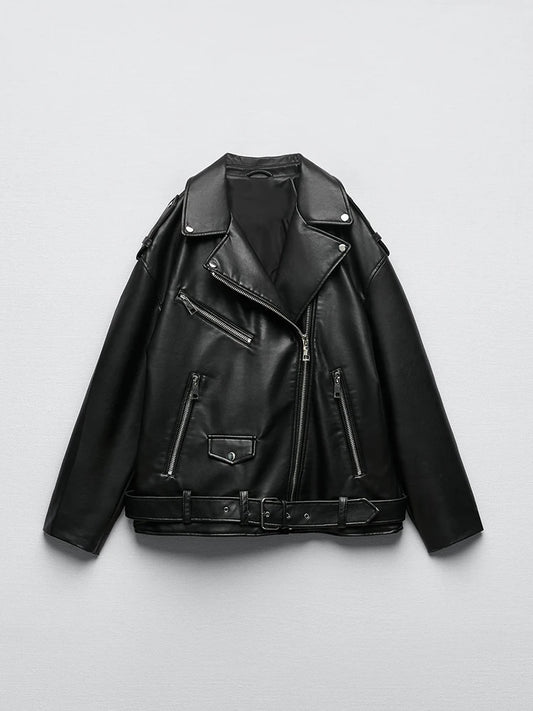 Veste femme noire en similicuir avec ceinture