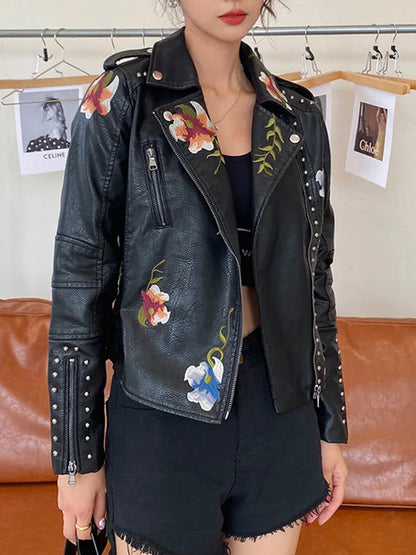 Veste avec broderie florale en similicuir femme