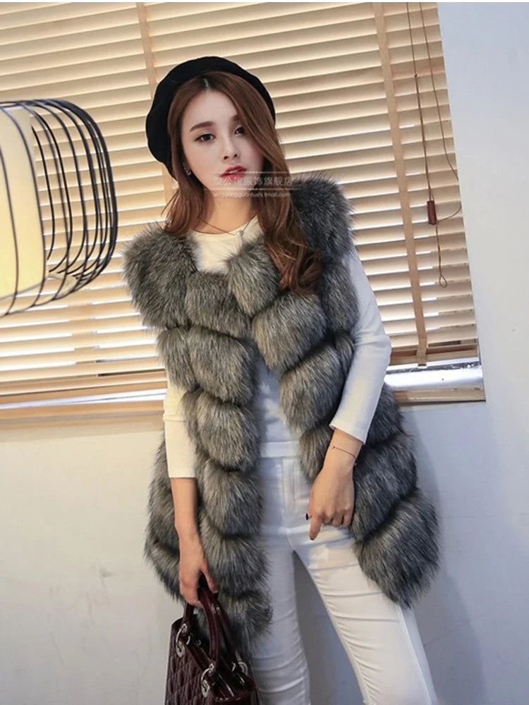 ZADORIN 4XL Female Fur Waistcoat Winter Warm Faux Fox Fur Vest Women High-Grade Cappa Fashion O-Neck Long Fur Coat Cardigan