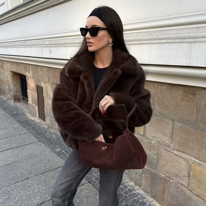 PB&ZA2024 Winter New Women's Clothing Style Versatile Collar Long Sleeve Artificial Fur Effect Short Coat