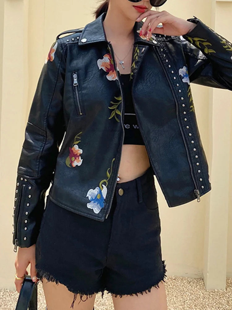Veste avec broderie florale en similicuir femme