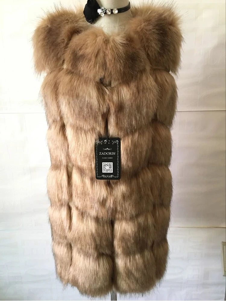 ZADORIN 4XL Female Fur Waistcoat Winter Warm Faux Fox Fur Vest Women High-Grade Cappa Fashion O-Neck Long Fur Coat Cardigan