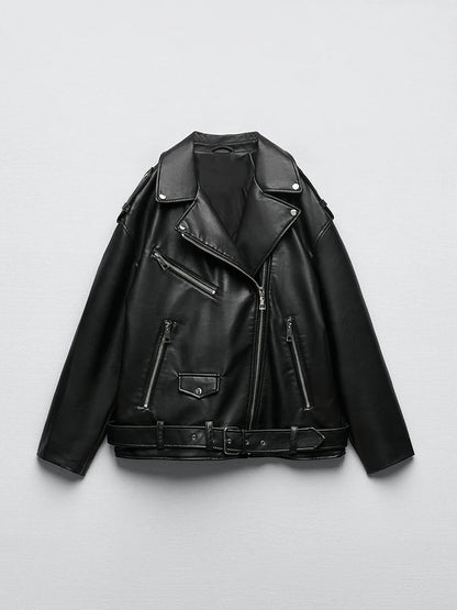Veste femme noire en similicuir avec ceinture