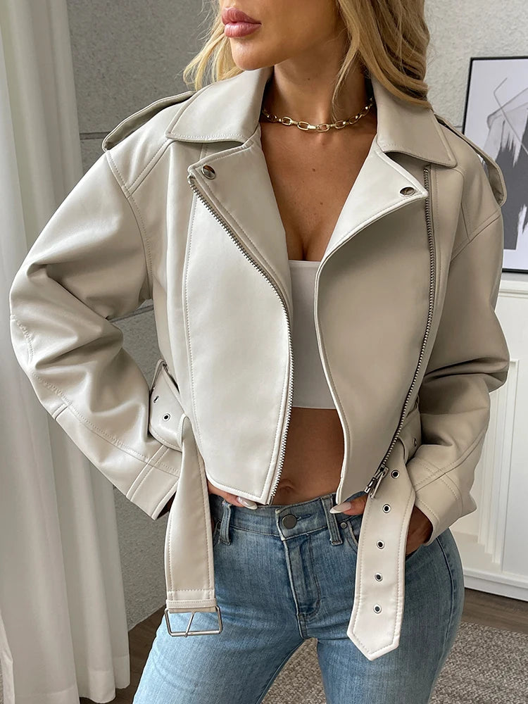 Veste Femme en Simili Cuir avec Ceinture et Zip
