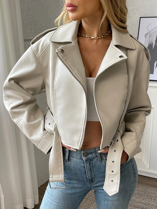 Veste Femme en Simili Cuir avec Ceinture et Zip