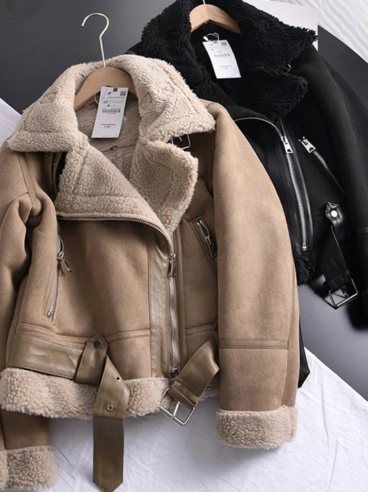 Veste d’hiver courte pour femme, épaisse et chaude, en suédine avec doublure en laine d’agneau