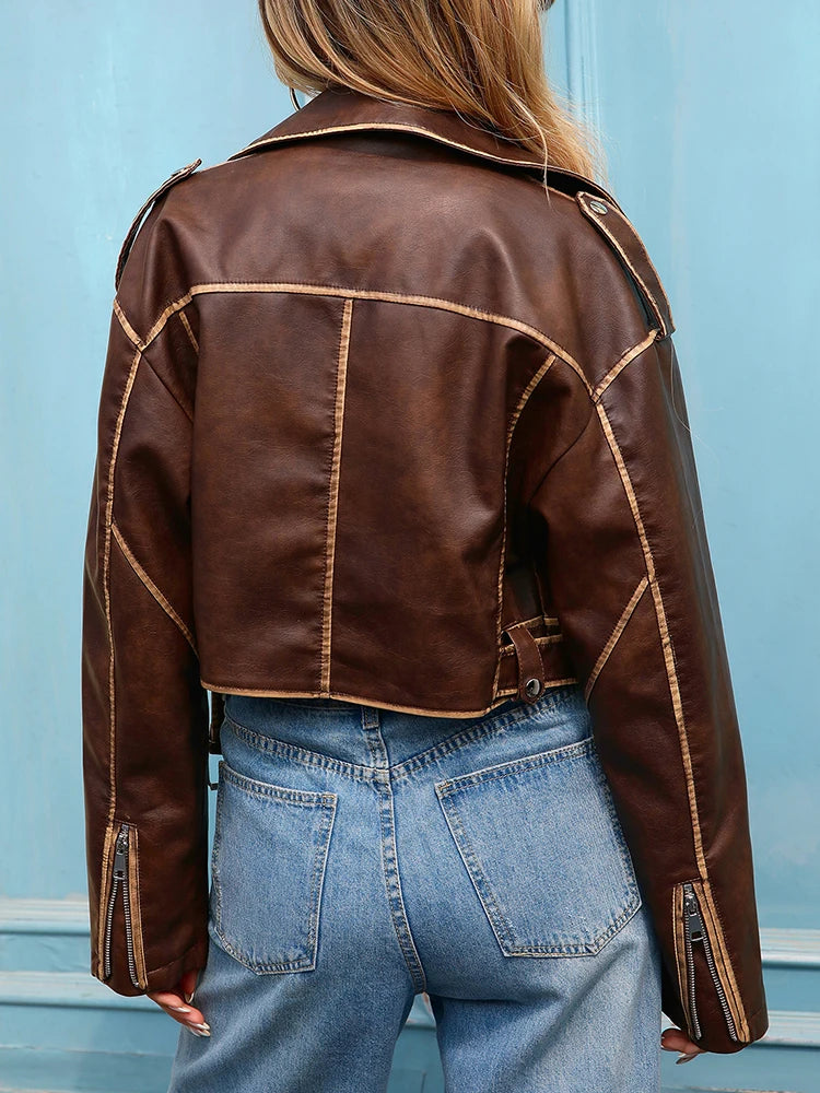 Veste vintage femme en similicuir avec ceinture