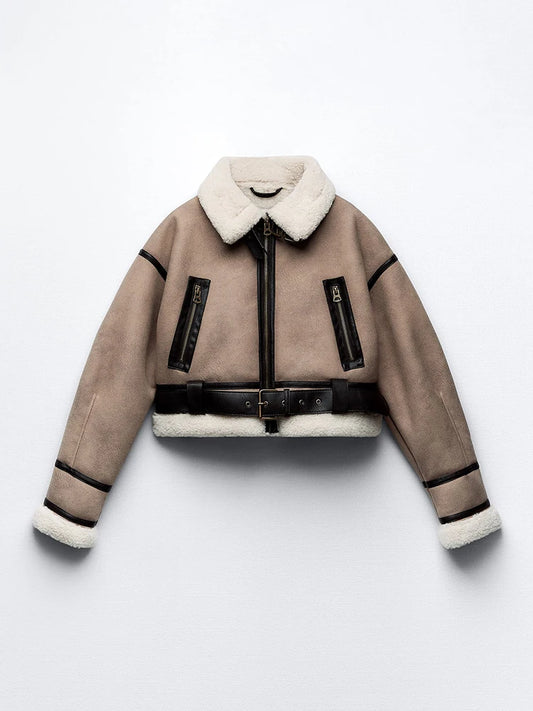 Veste avec col fourrure en laine et ceinture femme