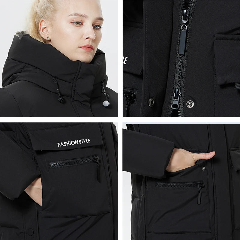 Doudoune Longue Femme Hiver ICEbear  – Chaude, Épaisse, avec Grandes Poches et Capuche