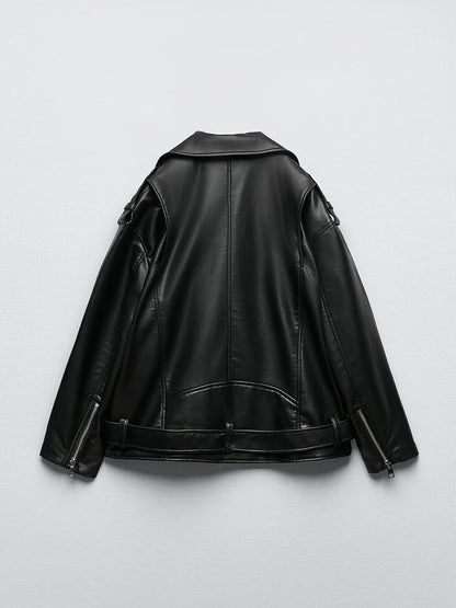 Veste femme noire en similicuir avec ceinture
