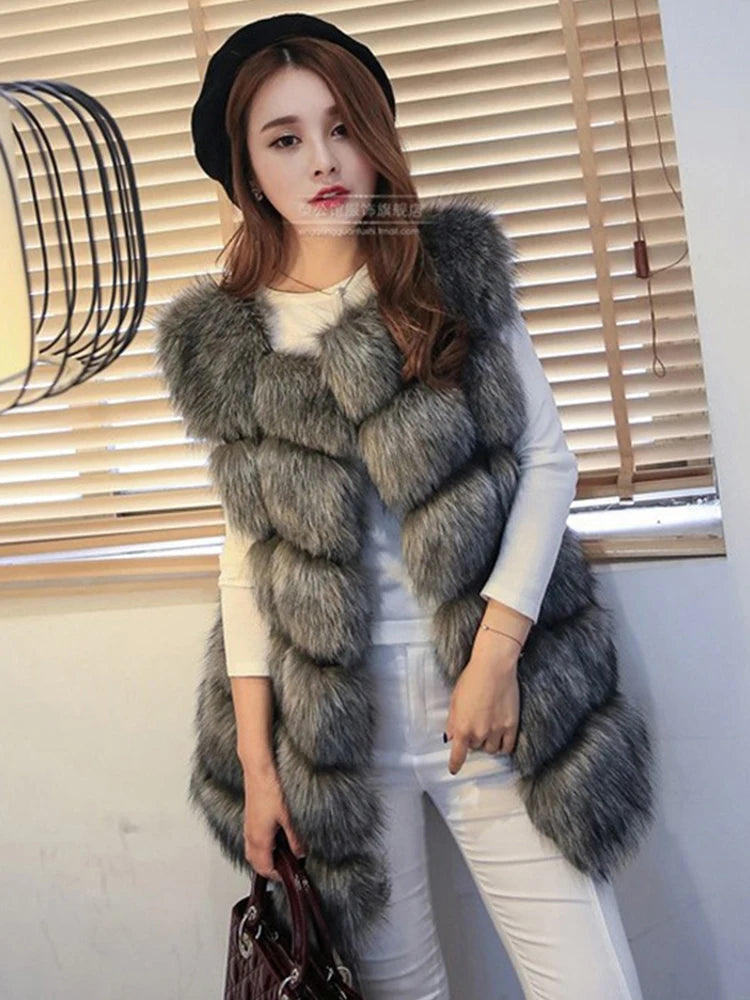 ZADORIN 4XL Female Fur Waistcoat Winter Warm Faux Fox Fur Vest Women High-Grade Cappa Fashion O-Neck Long Fur Coat Cardigan