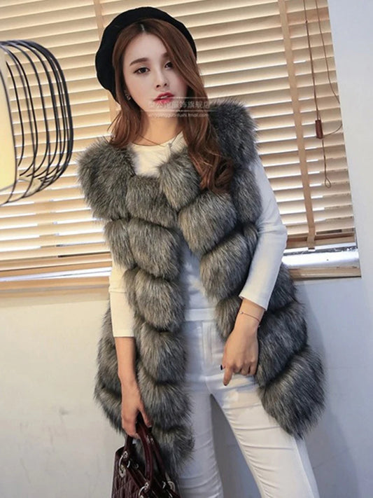 ZADORIN 4XL Female Fur Waistcoat Winter Warm Faux Fox Fur Vest Women High-Grade Cappa Fashion O-Neck Long Fur Coat Cardigan