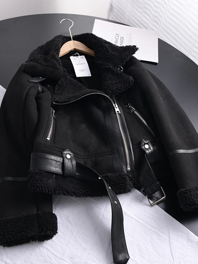Veste d’hiver courte pour femme, épaisse et chaude, en suédine avec doublure en laine d’agneau