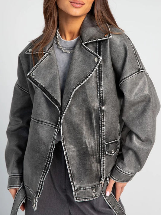 Veste gris en similicuir avec ceinture femme