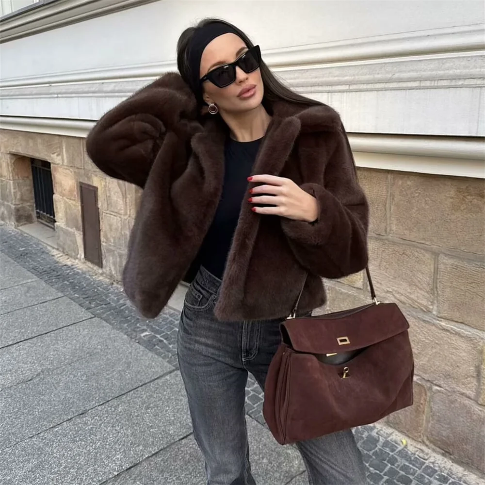PB&ZA2024 Winter New Women's Clothing Style Versatile Collar Long Sleeve Artificial Fur Effect Short Coat