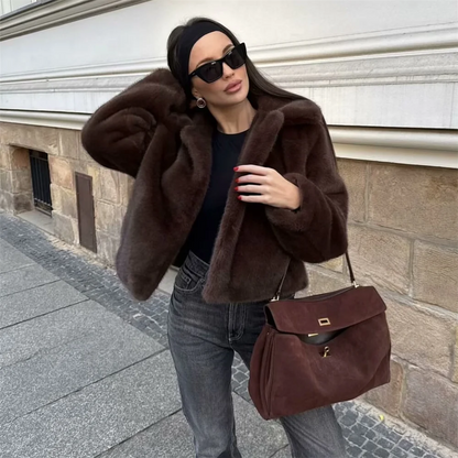 PB&ZA2024 Winter New Women's Clothing Style Versatile Collar Long Sleeve Artificial Fur Effect Short Coat