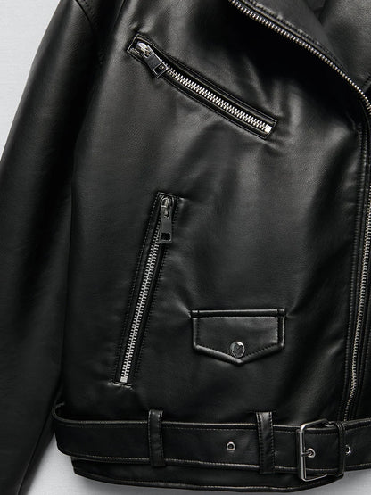 Veste femme noire en similicuir avec ceinture