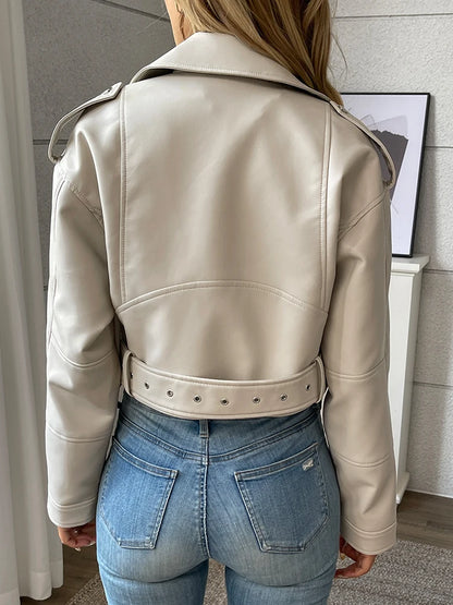 Veste Femme en Simili Cuir avec Ceinture et Zip