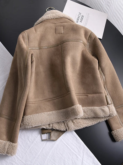 Veste d’hiver courte pour femme, épaisse et chaude, en suédine avec doublure en laine d’agneau
